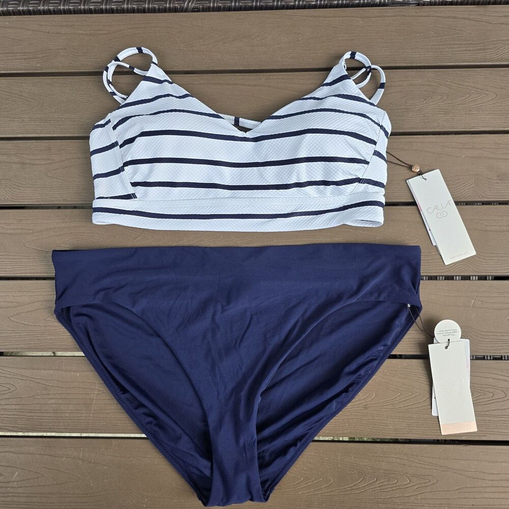 CALIA Women's Striped Rouched Strappy Top (XL) & Mid Rise Bikini (XXL) New